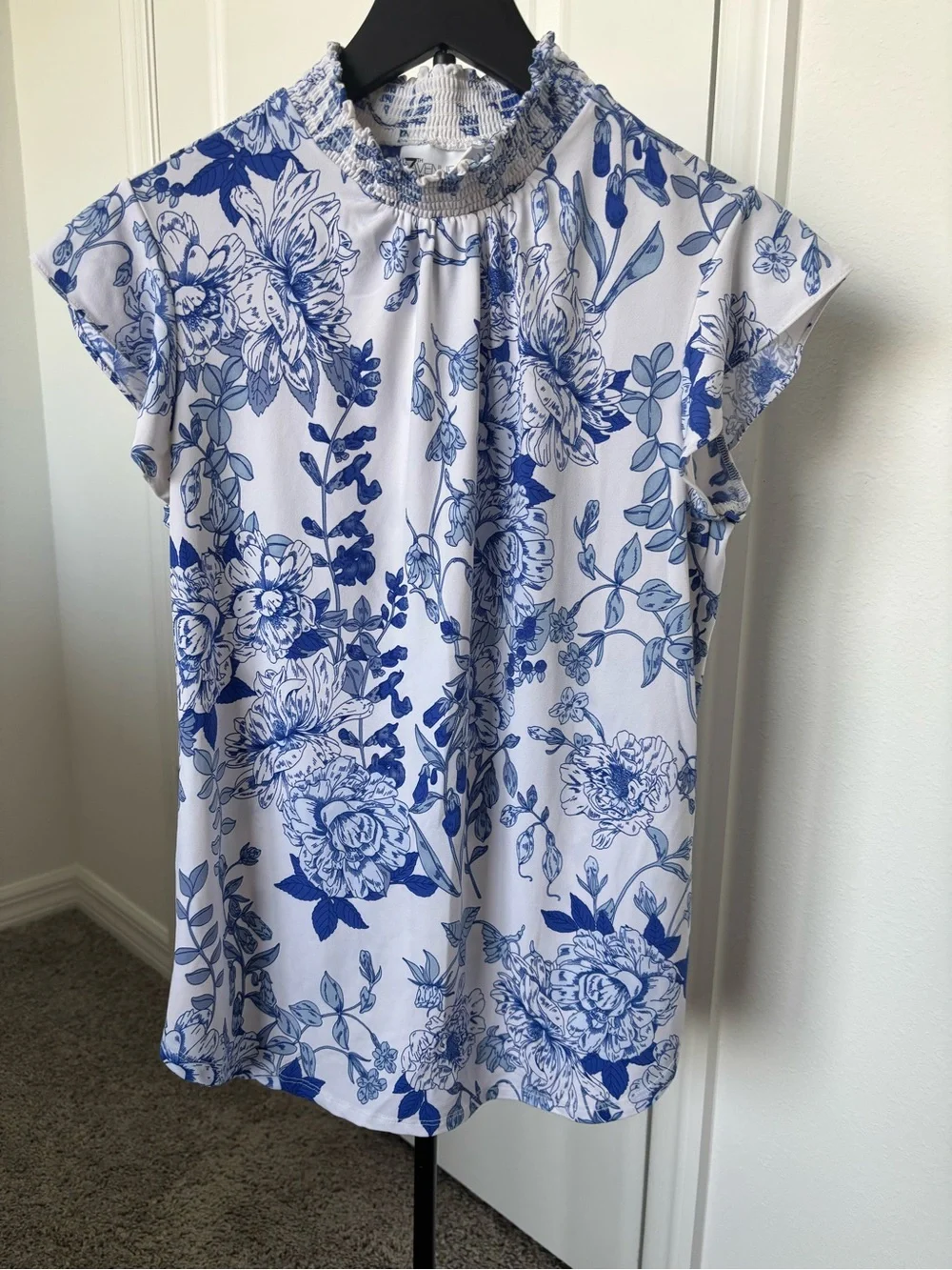 Floral High-Neck Ruffle Sleeve Blouse - White & Blue